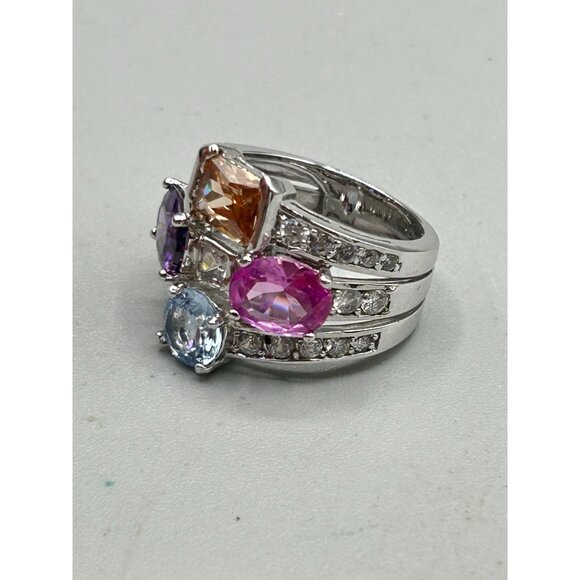 Colorful Cocktail Ring Size 7.5 Silver Tone & Glass Stones Pink Purple Tones - Picture 7 of 10